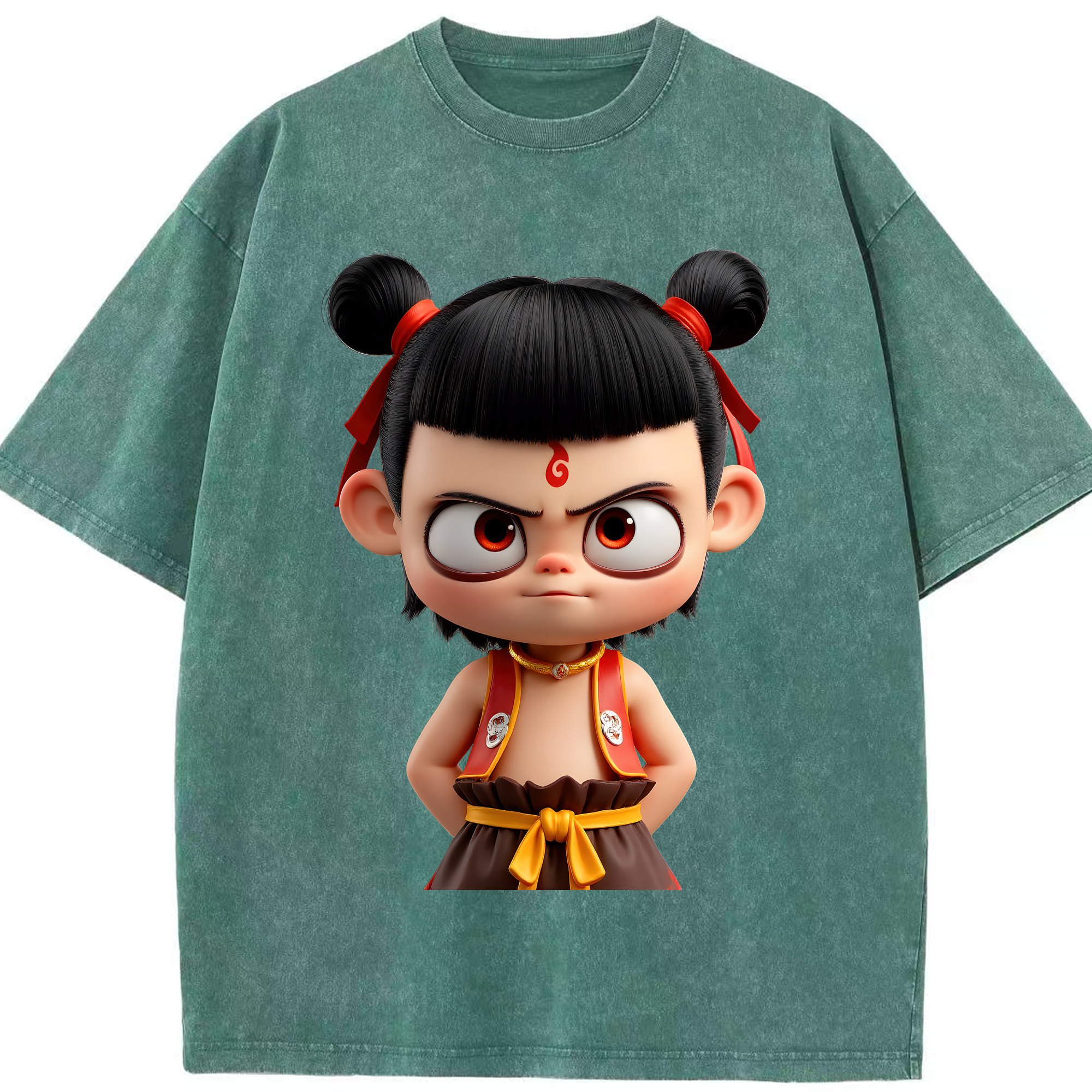 （画像用） Ne Zha 2 ナタ 魔童の大暴れ 綿100% ヴィンテージ風 半袖Tシャツ（フロントプリント）